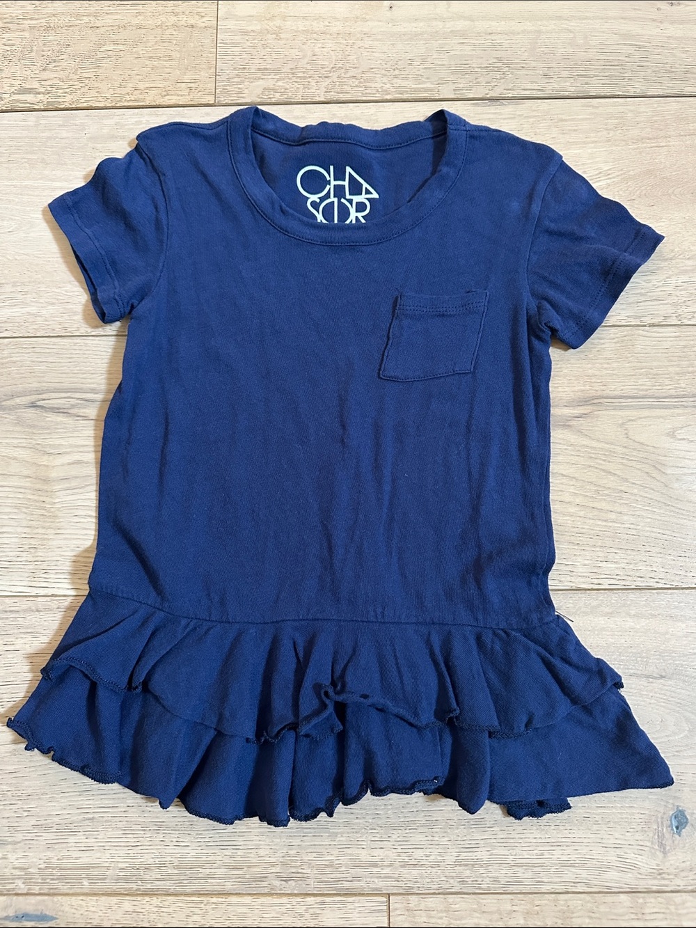 Chaser Navy Short Sleeve Ruffle Hem Pocket Tee